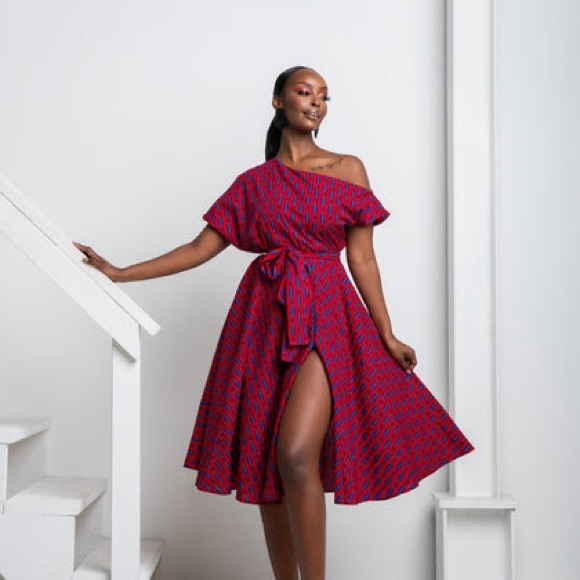 OFUURE Dresses & Skirts - Chidi  AFRICAN PRINT ONE-SHOULDER MIDI DRESS in red
